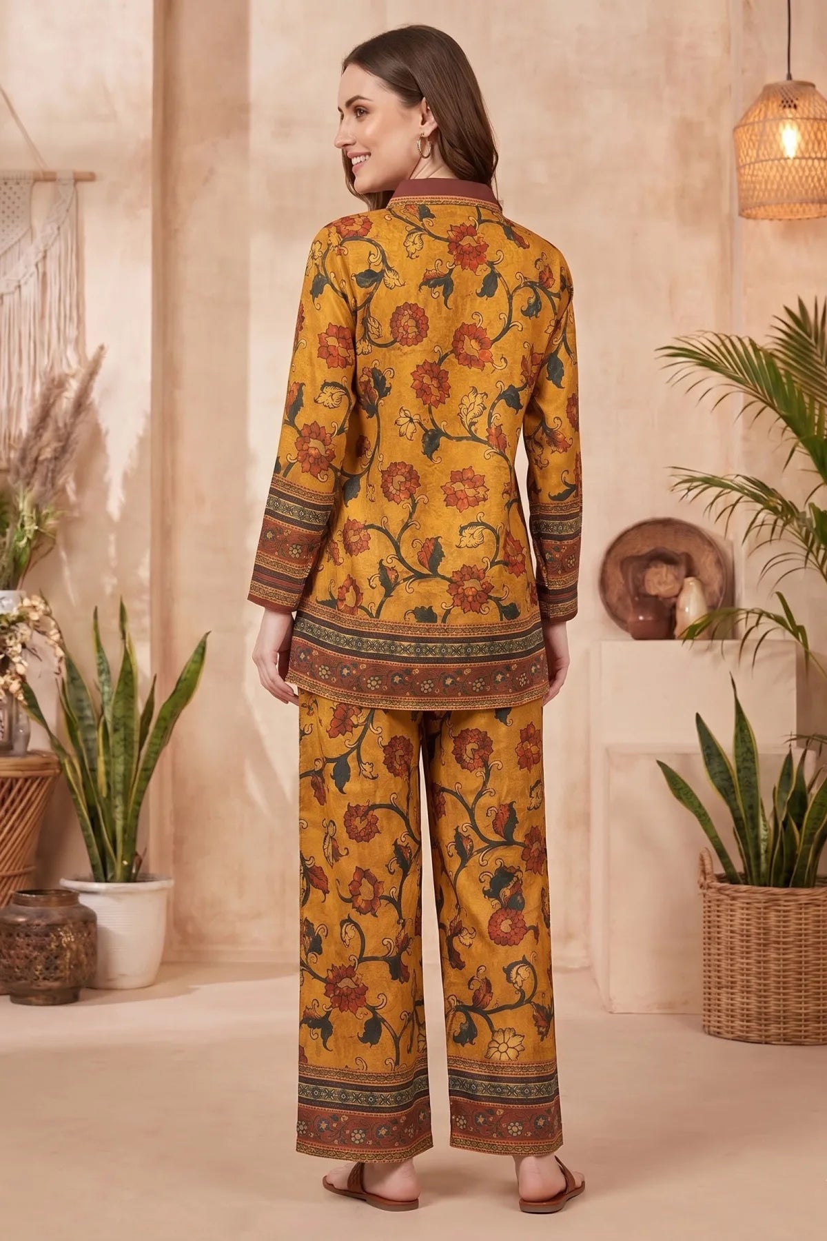 Mustard Floral Printed Co Ord Set with Shirt Collar