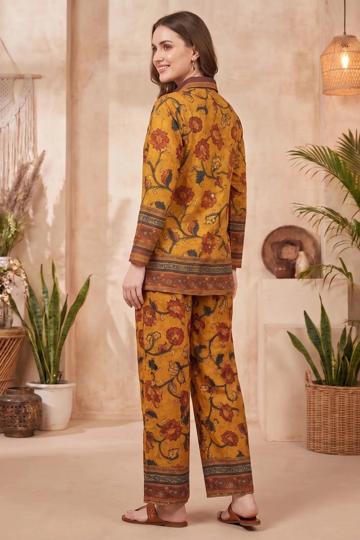 Mustard Floral Printed Co Ord Set with Shirt Collar