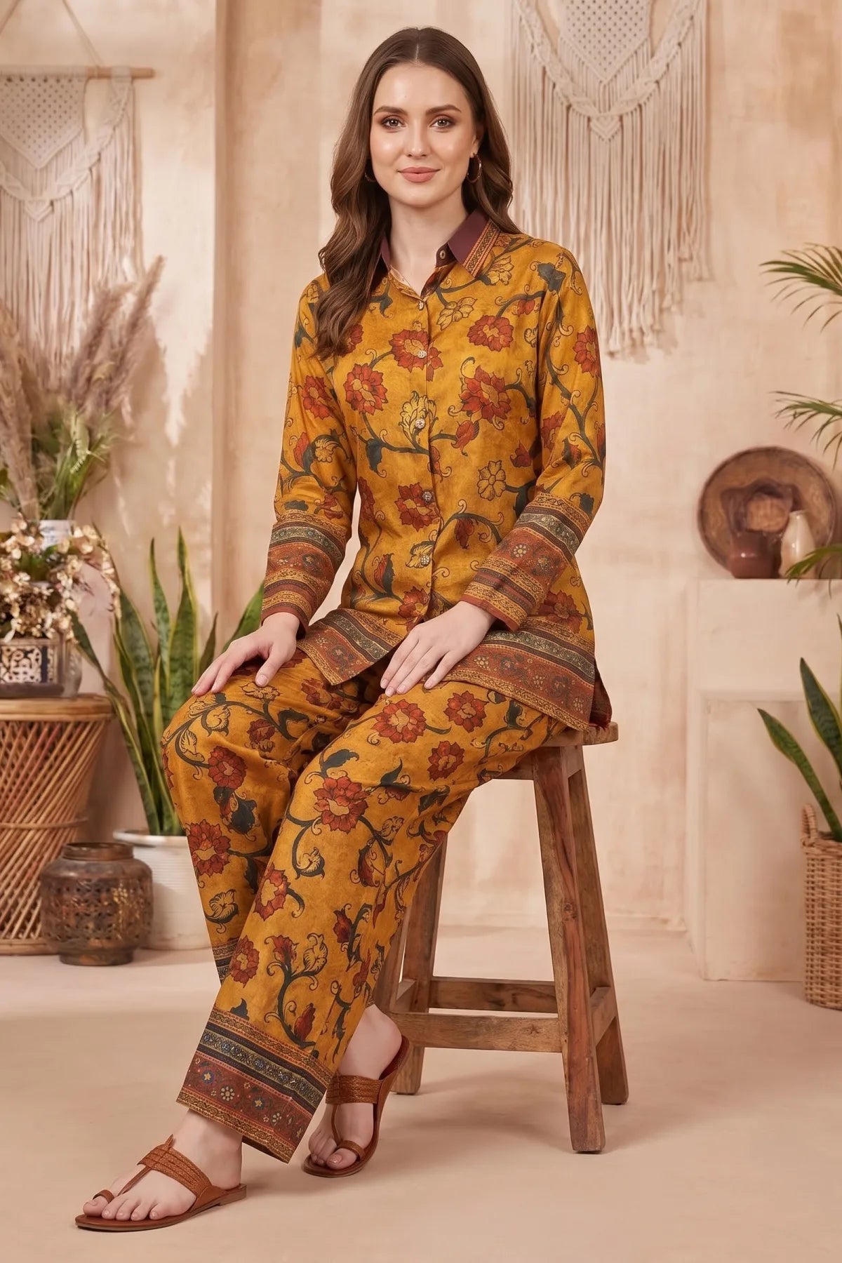 Mustard Floral Printed Co Ord Set with Shirt Collar