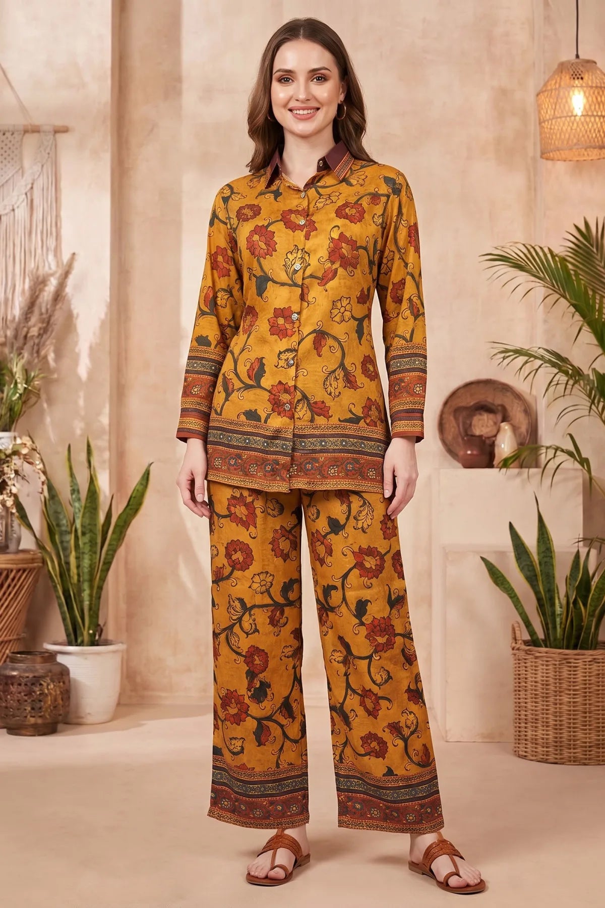 Mustard Floral Printed Co Ord Set with Shirt Collar