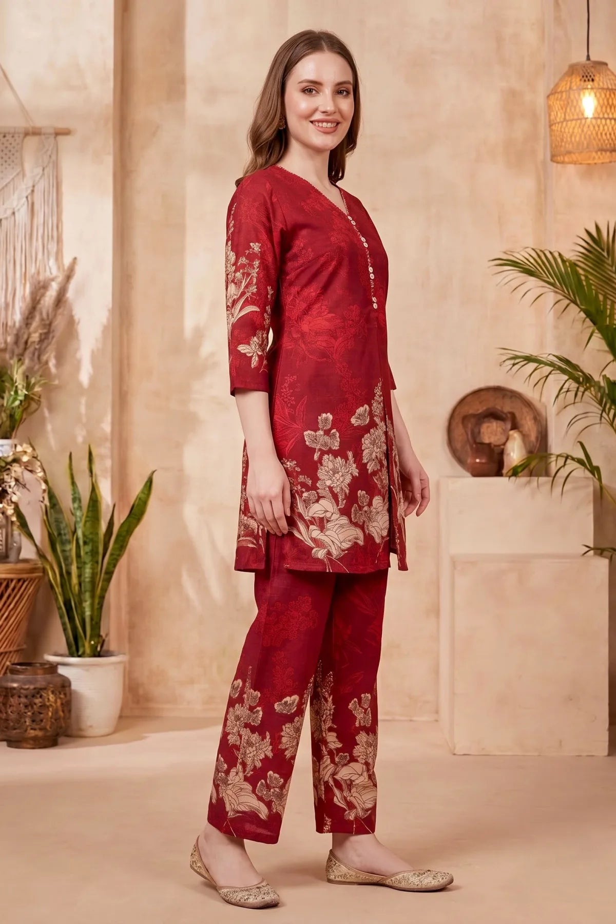 Cherry Red Cotton Printed Kurta Pant Co Ord Set with V Neck