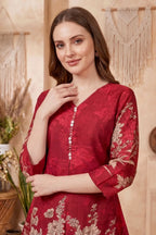 Cherry Red Cotton Printed Kurta Pant Co Ord Set with V Neck