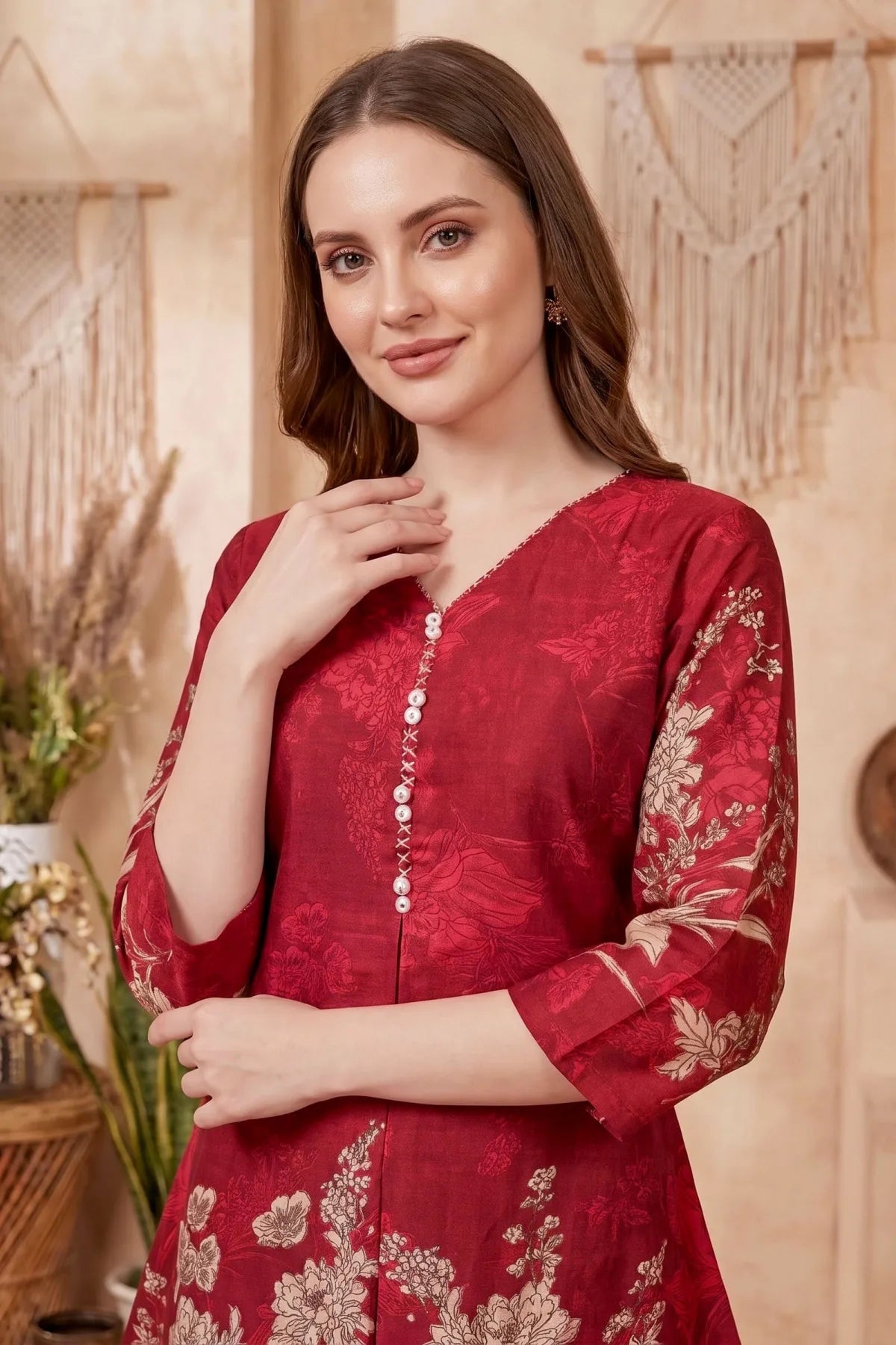 Cherry Red Cotton Printed Kurta Pant Co Ord Set with V Neck