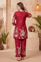 Cherry Red Cotton Printed Kurta Pant Co Ord Set with V Neck