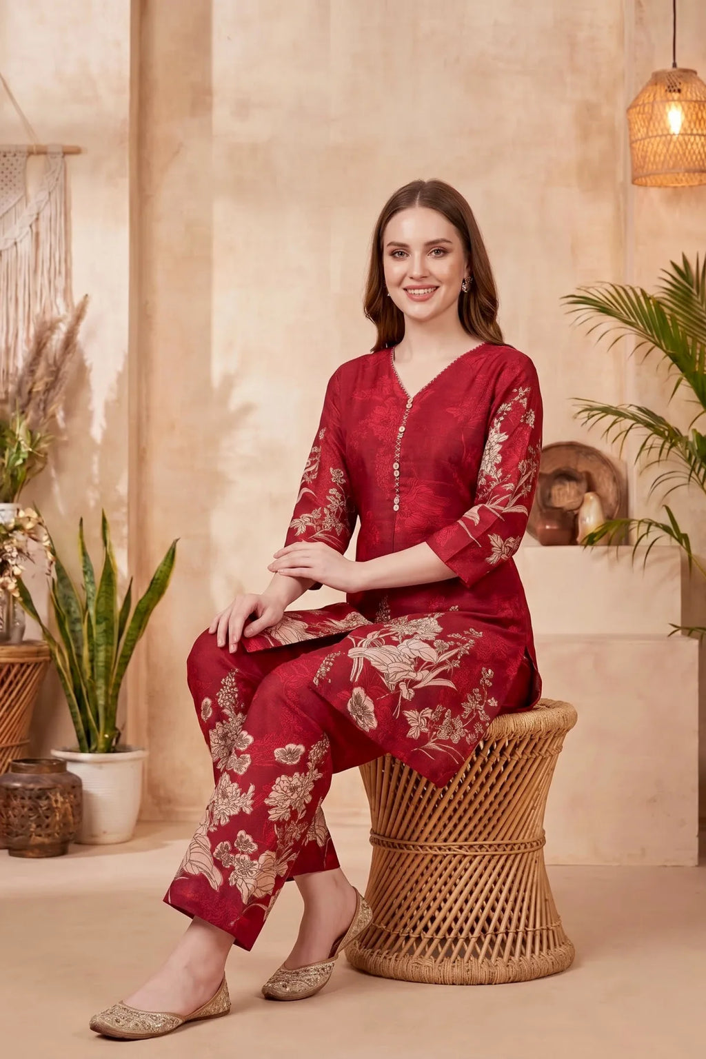 Cherry Red Cotton Printed Kurta Pant Co Ord Set with V Neck