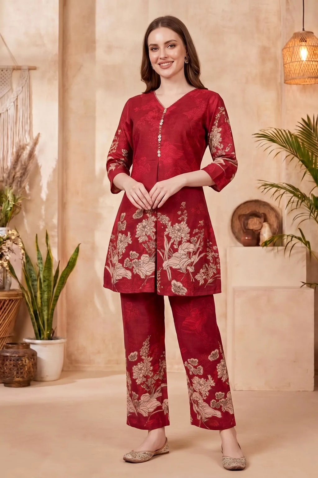 Cherry Red Cotton Printed Kurta Pant Co Ord Set with V Neck