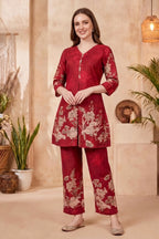 Cherry Red Cotton Printed Kurta Pant Co Ord Set with V Neck