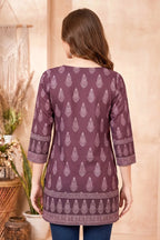 Rich Wine Ajrakh Print Cotton Blend Short Kurti with Thread Work