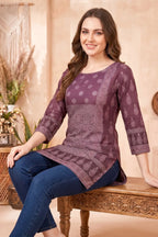 Rich Wine Ajrakh Print Cotton Blend Short Kurti with Thread Work