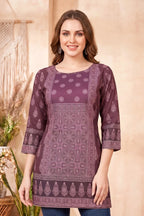 Rich Wine Ajrakh Print Cotton Blend Short Kurti with Thread Work