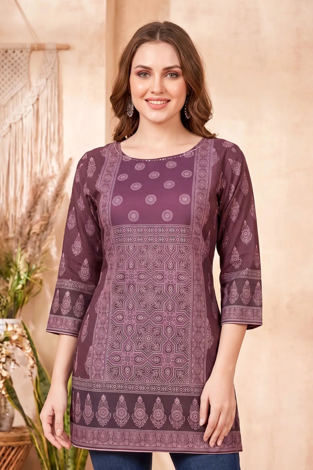 Rich Wine Ajrakh Print Cotton Blend Short Kurti with Thread Work