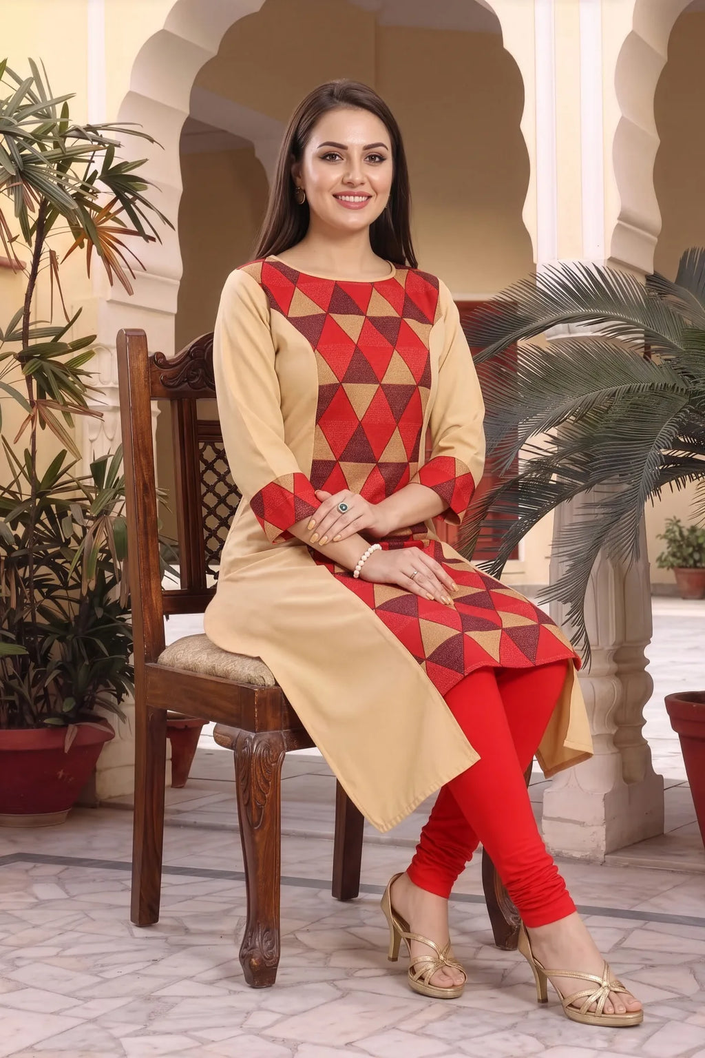 Maroon Beige Poly Crepe Designer Cut Casual Tunic
