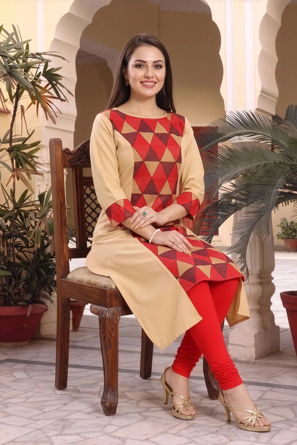 Maroon Beige Poly Crepe Designer Cut Casual Tunic