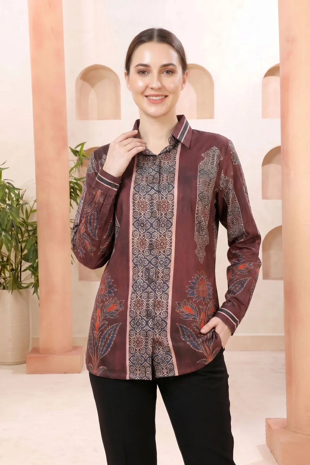 Maroon Modal Silk Printed Tunic with Shirt Collar