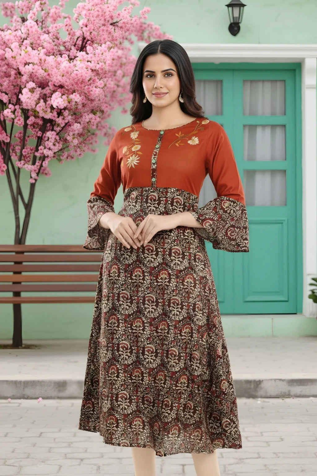 Rust Rayon Printed Flared Long Tunic with Floral Embroidery