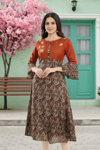 Rust Rayon Printed Flared Long Tunic with Floral Embroidery