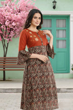 Rust Rayon Printed Flared Long Tunic with Floral Embroidery