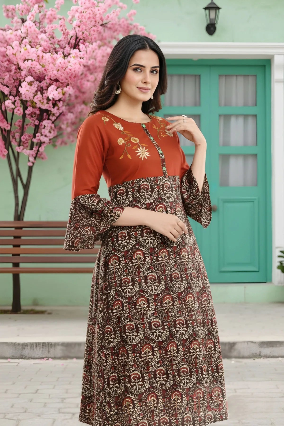 Rust Rayon Printed Flared Long Tunic with Floral Embroidery