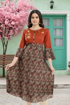 Rust Rayon Printed Flared Long Tunic with Floral Embroidery