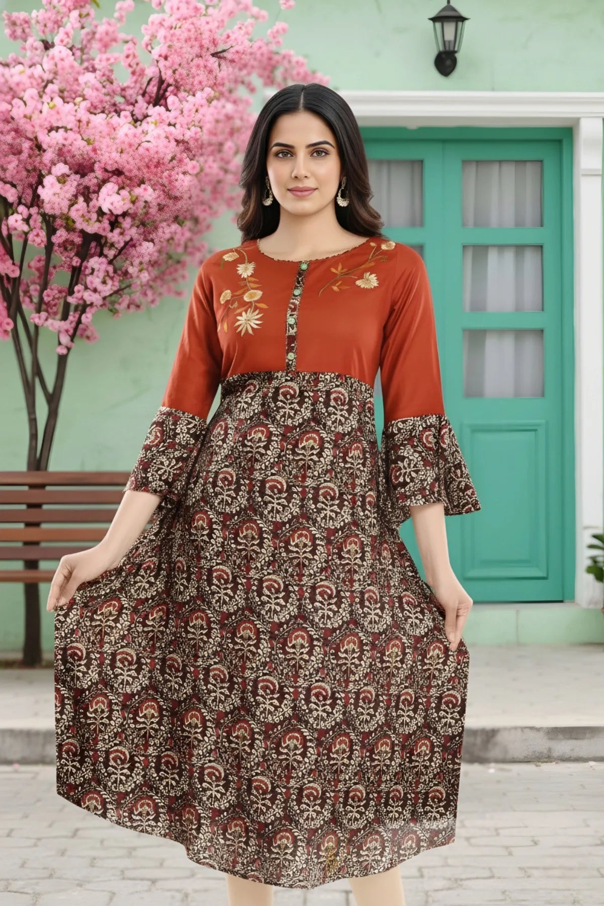 Rust Rayon Printed Flared Long Tunic with Floral Embroidery