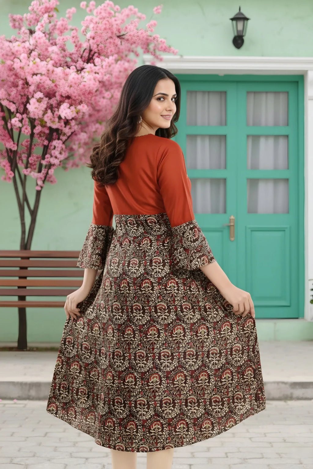 Rust Rayon Printed Flared Long Tunic with Floral Embroidery