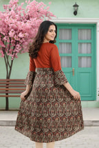 Rust Rayon Printed Flared Long Tunic with Floral Embroidery