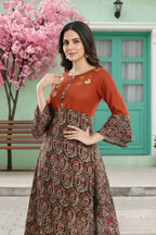 Rust Rayon Printed Flared Long Tunic with Floral Embroidery