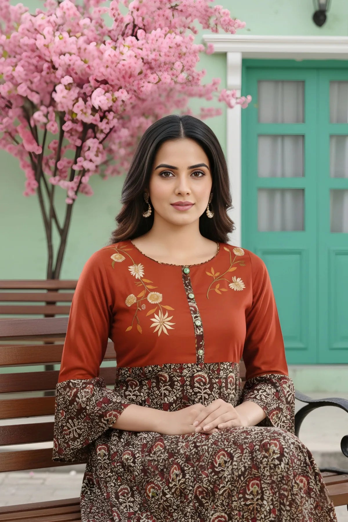 Rust Rayon Printed Flared Long Tunic with Floral Embroidery