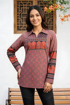 Rust Azrakh Print Modal Kurti with Shirt Collar