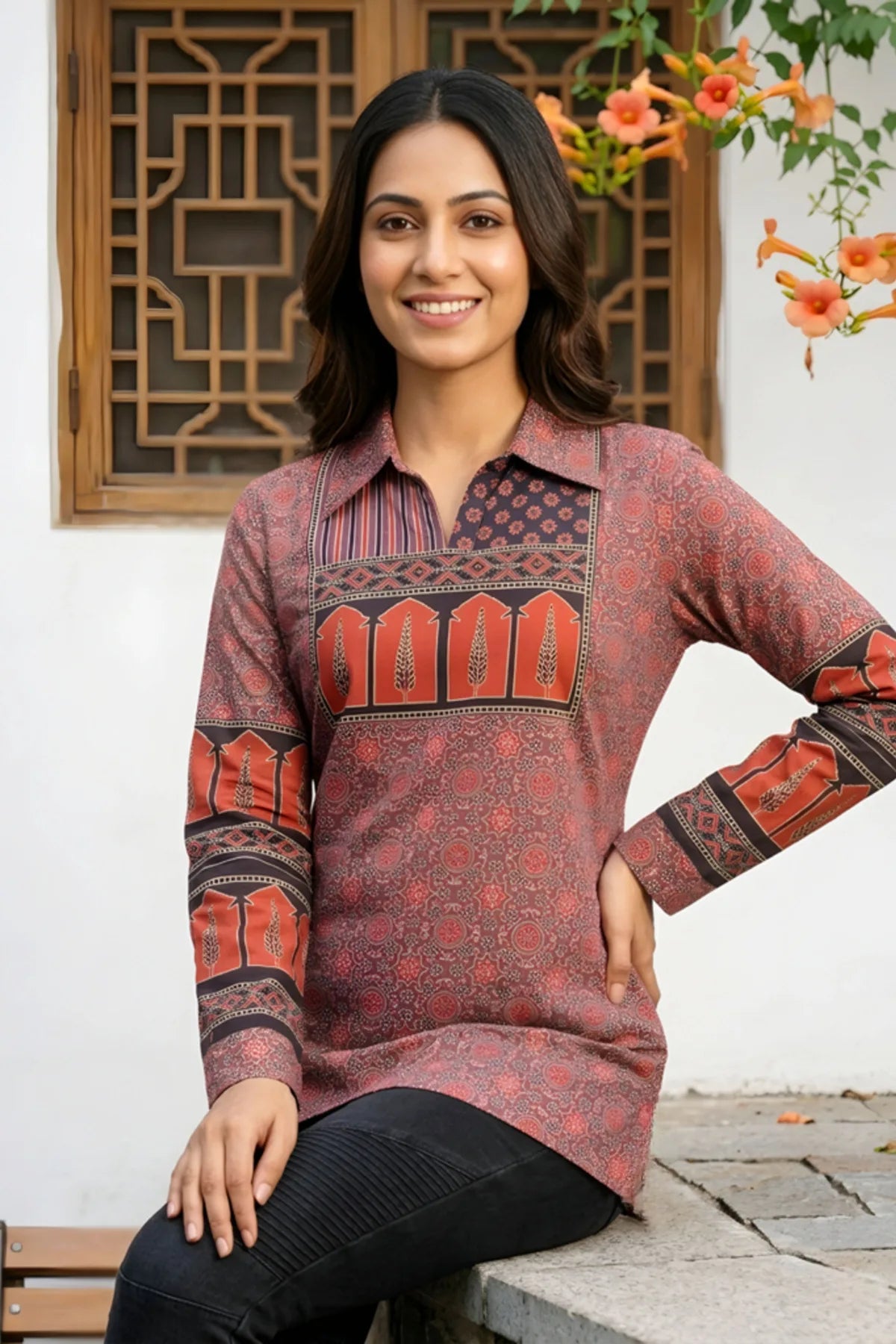 Rust Azrakh Print Modal Kurti with Shirt Collar