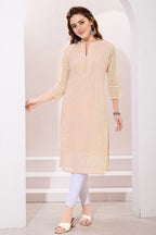 Beige Fine Georgette Chicken Embroidery Long Kurta