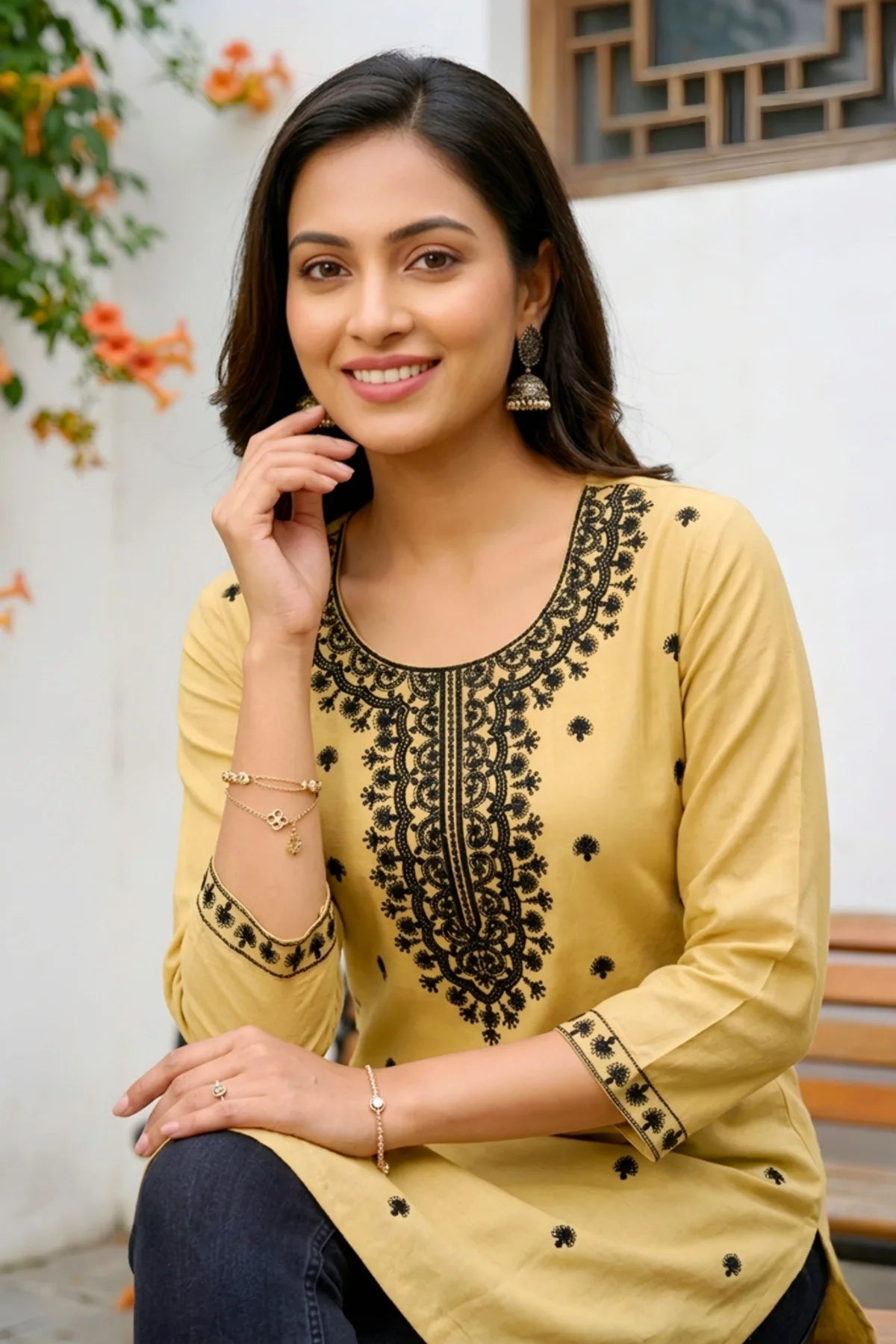Beige Rayon Short Kurti with Chikankari Embroidery