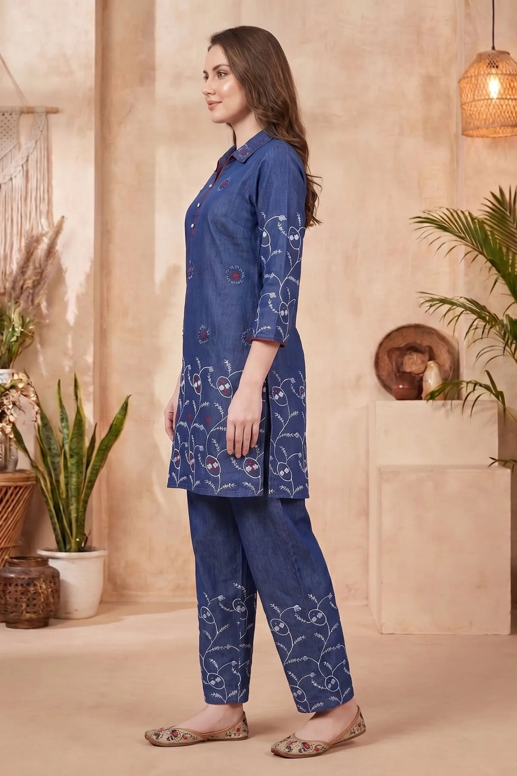 Indigo Denim Co-ord Set with Floral Thread Embroidery