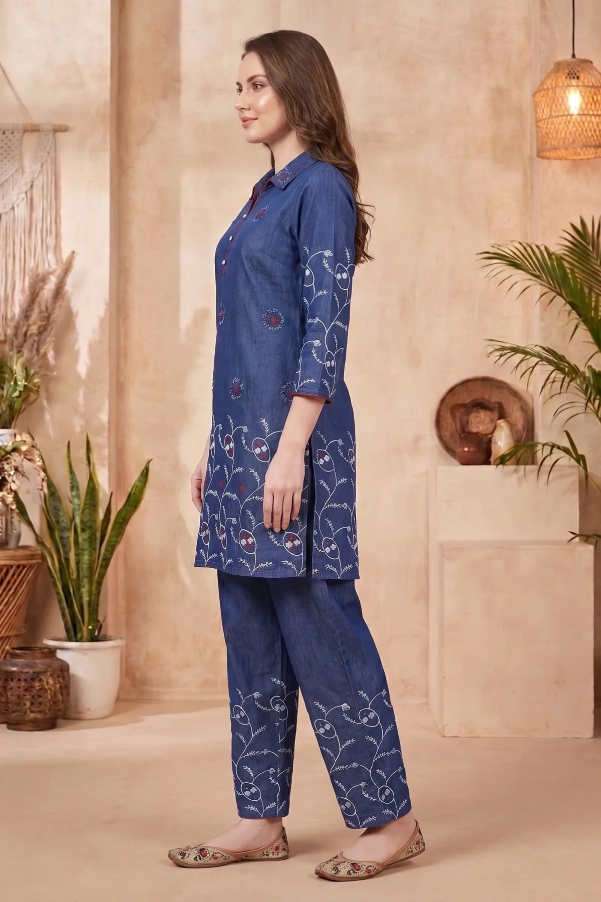 Indigo Denim Co-ord Set with Floral Thread Embroidery