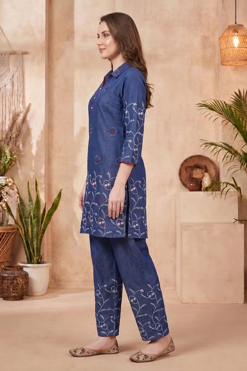 Indigo Denim Co-ord Set with Floral Thread Embroidery