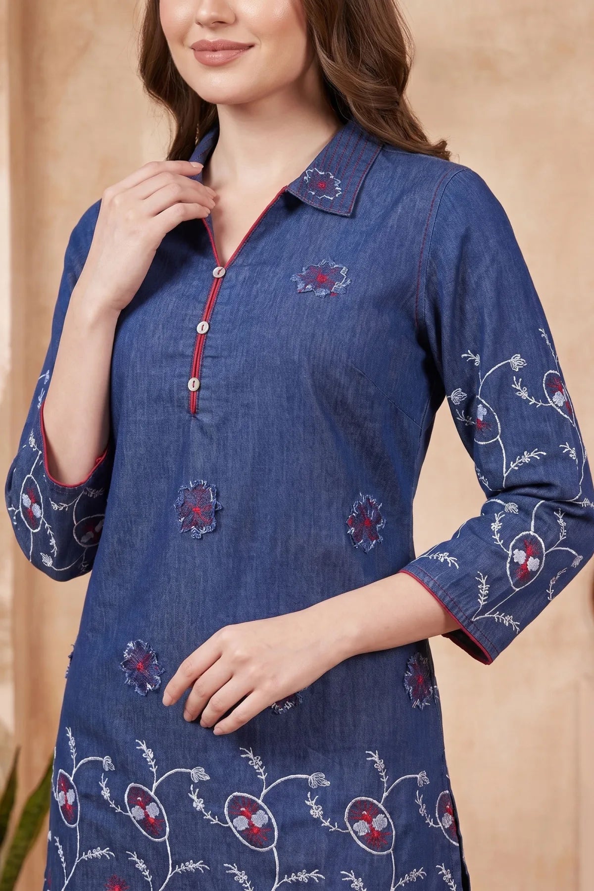 Indigo Denim Co-ord Set with Floral Thread Embroidery