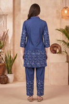 Indigo Denim Co-ord Set with Floral Thread Embroidery