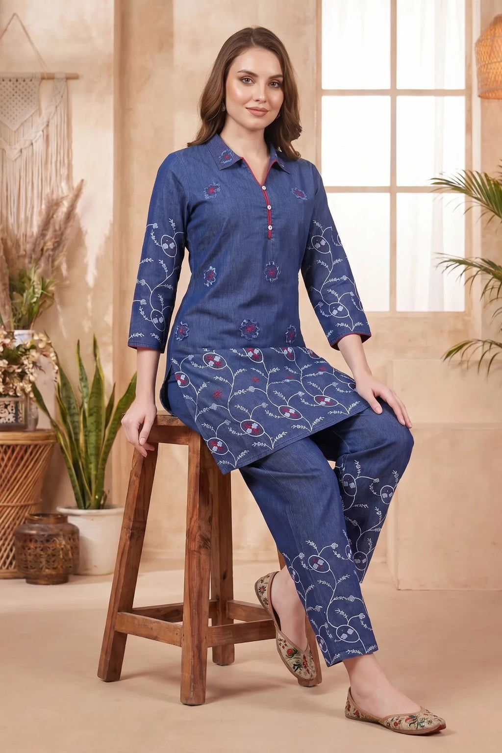 Indigo Denim Co-ord Set with Floral Thread Embroidery