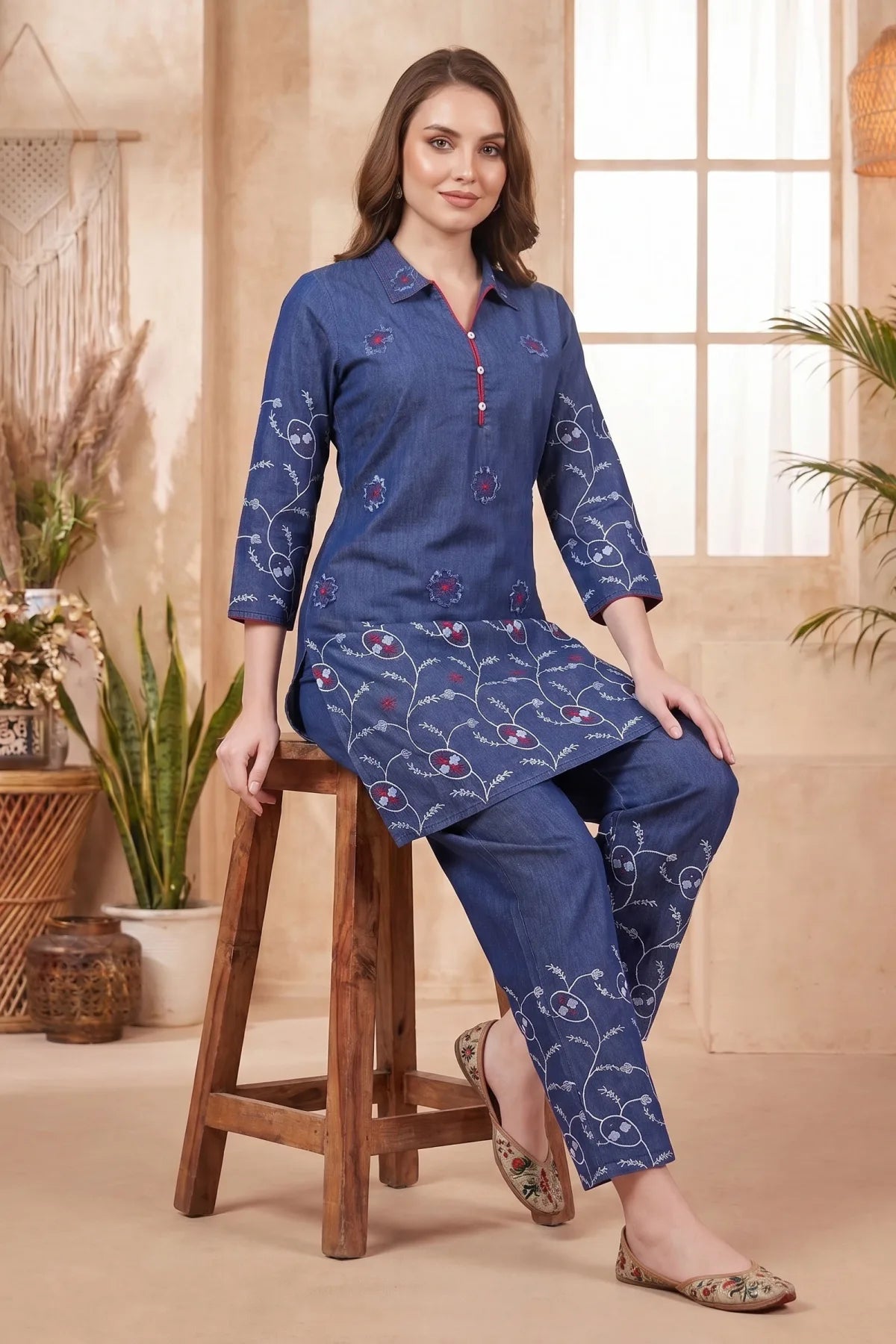 Indigo Denim Co-ord Set with Floral Thread Embroidery