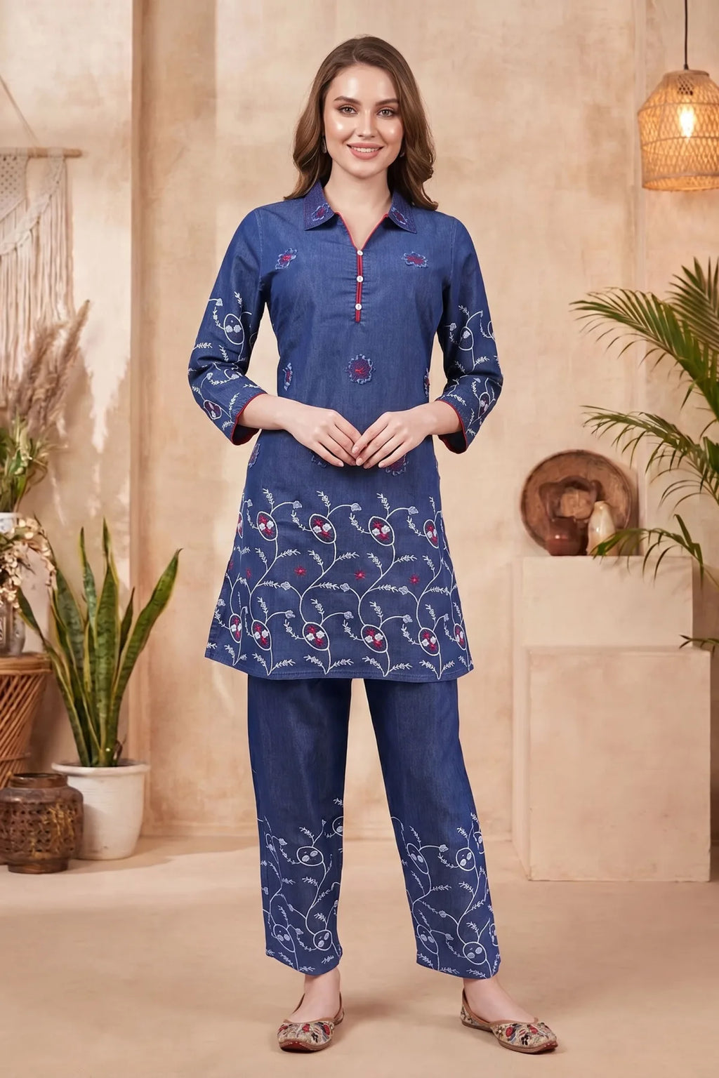 Indigo Denim Co-ord Set with Floral Thread Embroidery
