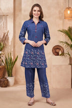 Indigo Denim Co-ord Set with Floral Thread Embroidery
