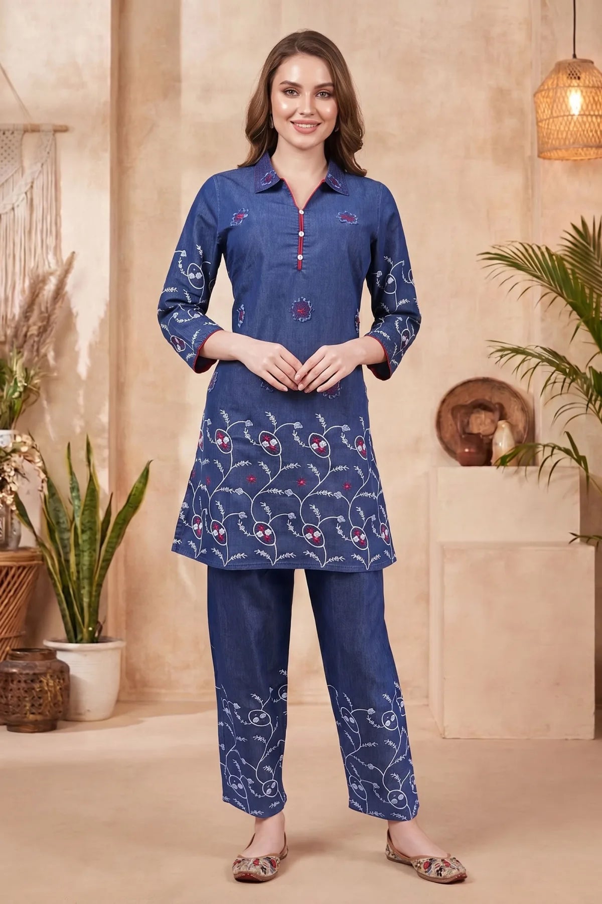 Indigo Denim Co-ord Set with Floral Thread Embroidery