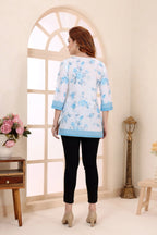 Sky Blue Cotton Short Kurti with Floral Print