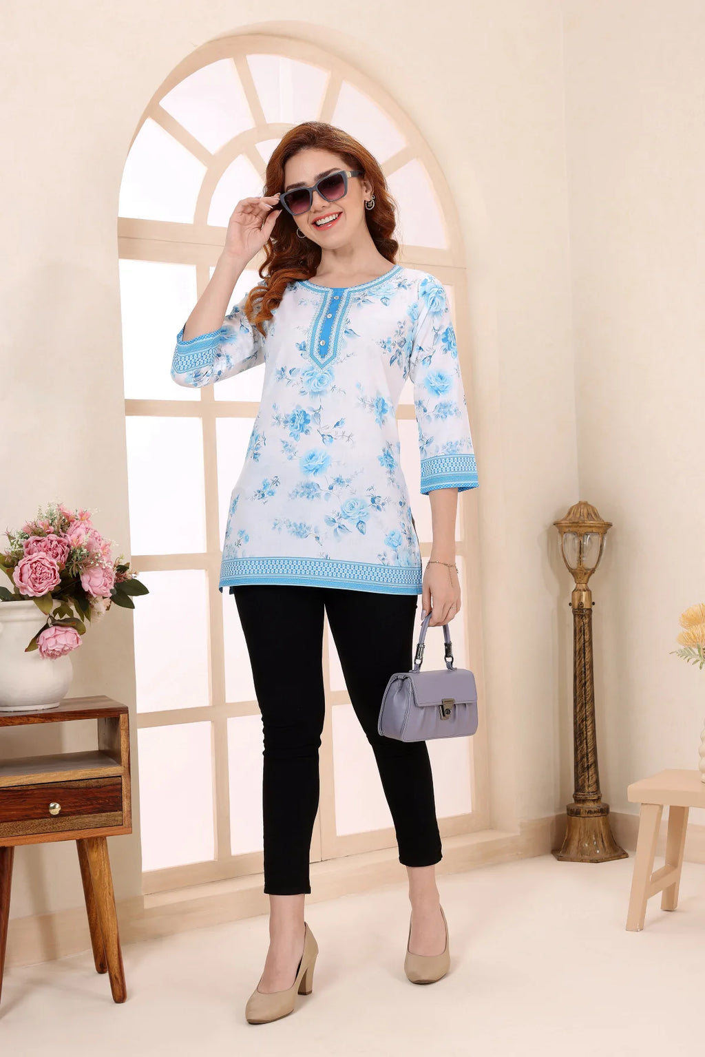 Sky Blue Cotton Short Kurti with Floral Print