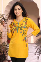 Mustard Yellow Masleen Tunic Top with Embroidered V Neck