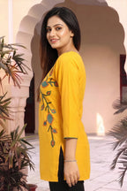 Mustard Yellow Masleen Tunic Top with Embroidered V Neck