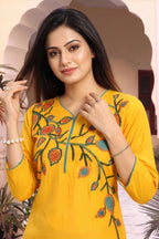 Mustard Yellow Masleen Tunic Top with Embroidered V Neck