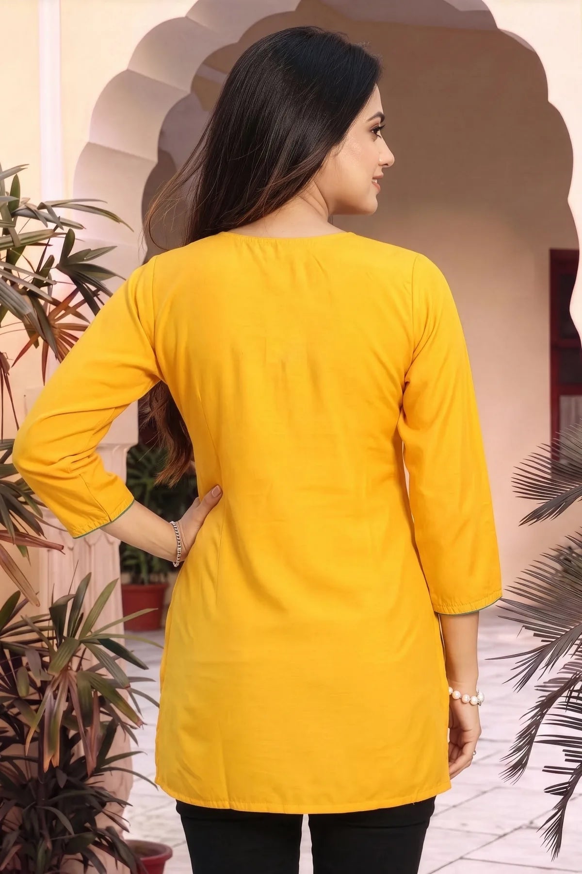 Mustard Yellow Masleen Tunic Top with Embroidered V Neck