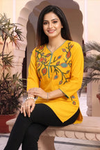 Mustard Yellow Masleen Tunic Top with Embroidered V Neck