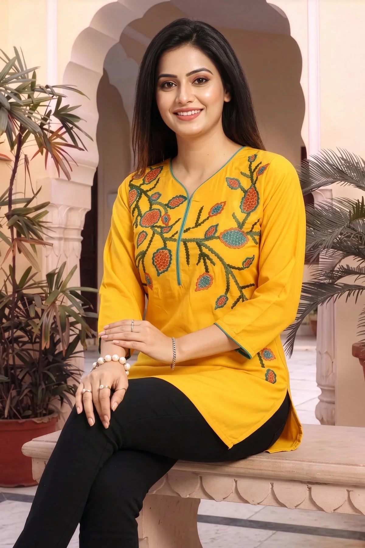 Mustard Yellow Masleen Tunic Top with Embroidered V Neck